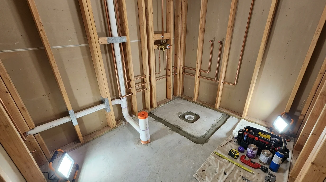 Bathroom rough-in plumbing during remodel by Johns Plumbing LLC in Old Forge