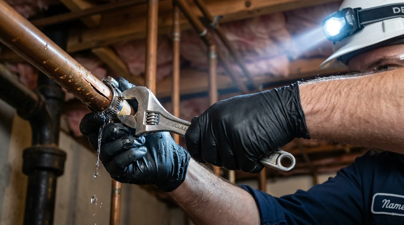 Emergency pipe clamp repair being performed by a Johns Plumbing LLC plumber in Old Forge
